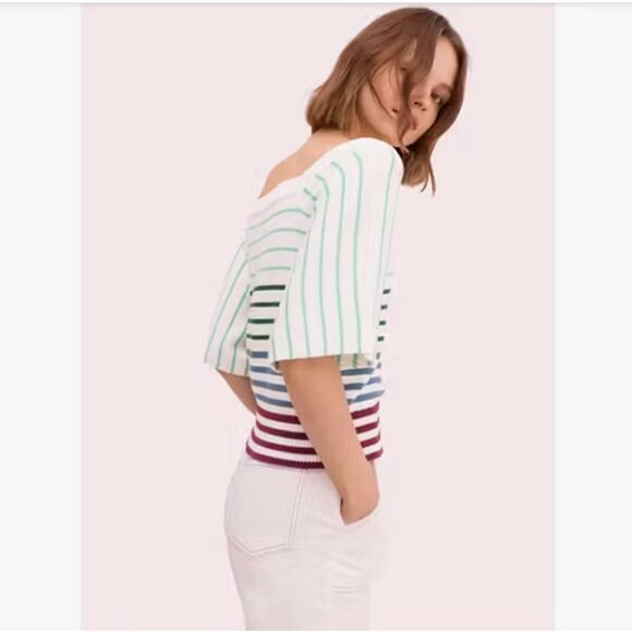 Kate Spade New York Striped Square Neck Crop Sweater Raglan Sleeve. Size XL - Picture 3 of 16